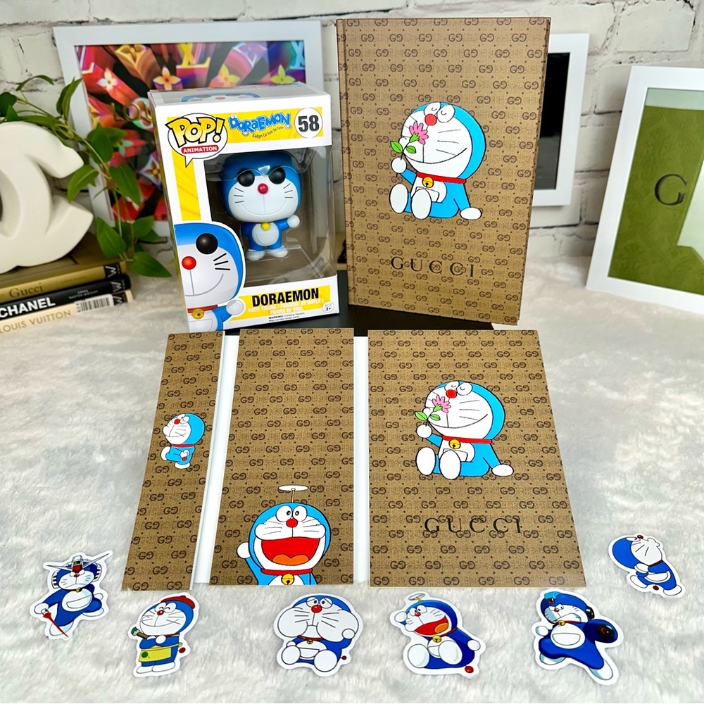 GUCCI X Doraemon NOTEBOOK, 3 MEMO STICKY NOTES, Doraemon Funko Pop and stickers